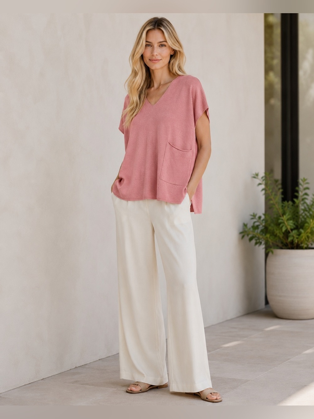 Eileen Fisher Dusty Rose V-Neck Knit Top with Pocket